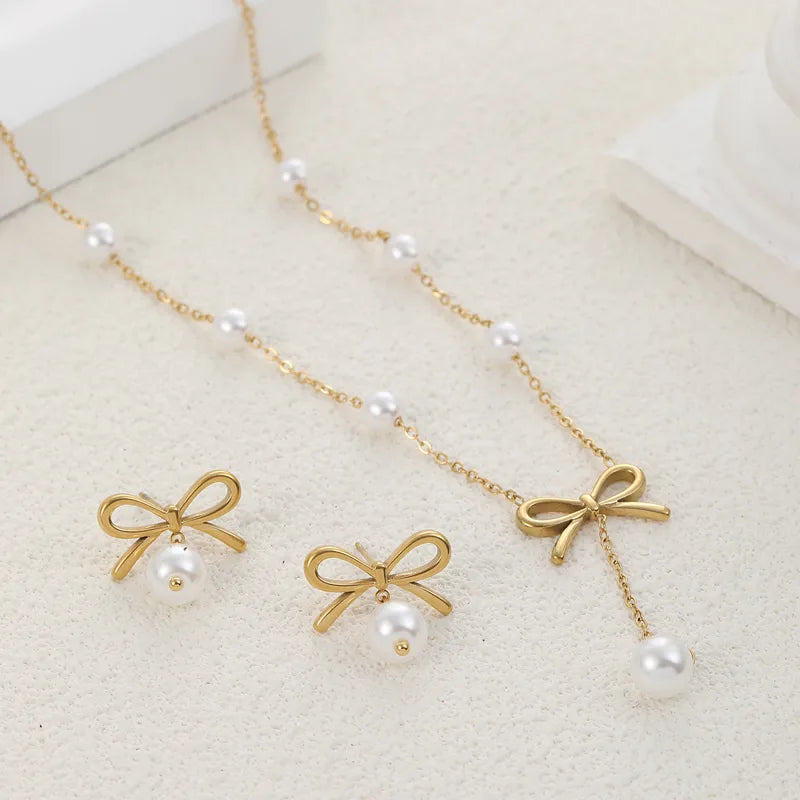 Pearl bow knot necklace and earrings set